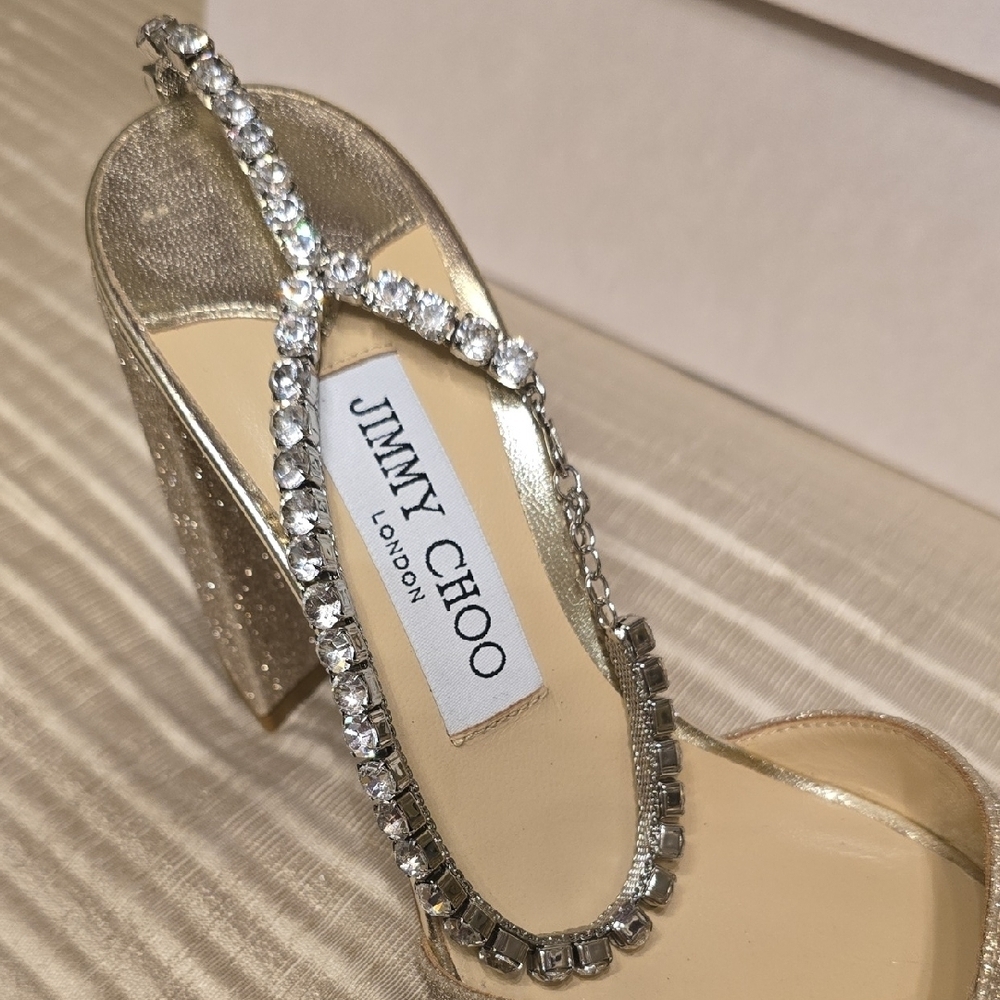 Jimmy Choo Sparkling Gold Heels with Ankle Strap Saeda Sandal Platinum Ice/cryst - Picture 8 of 14